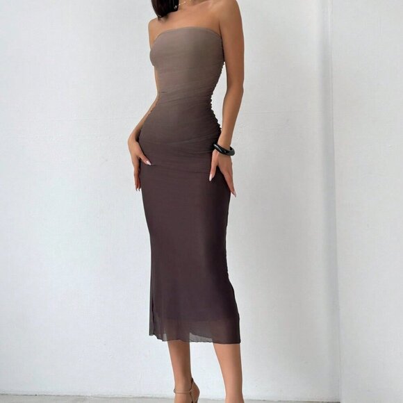 Multicolor Elegant Women's American Style Gradient Mesh Strapless Bodycon Dress - Picture 5 of 6